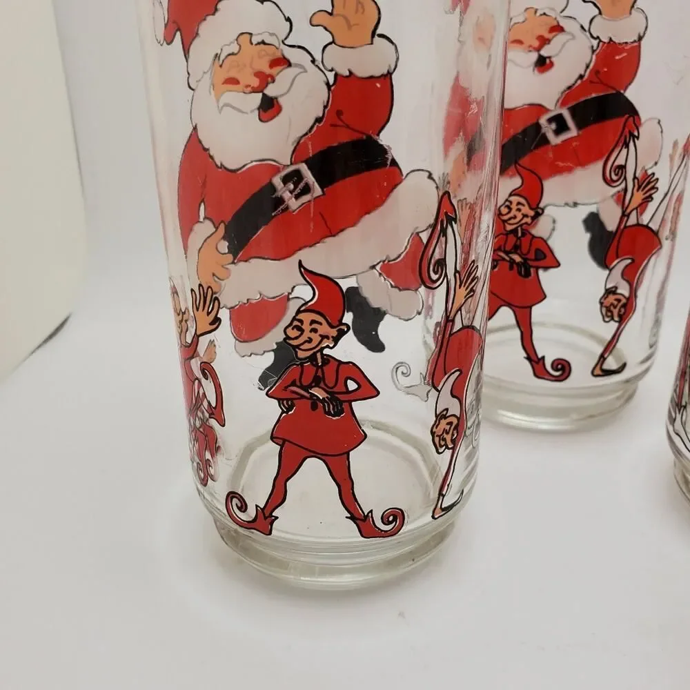 Vintage Christmas Santa Claus and Elves Drinking Glasses Set of 3 Tumblers